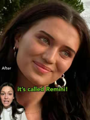 The cover image showcases a woman's face, with a split screen effect. On the left is a 'before' image, while on the right is a perfected version. The text overlay states 'it's called Remini!' in a green box.