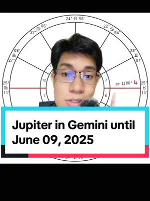 A man with glasses is the primary subject, centered within a circular astrological chart. He gazes directly at the camera, accompanied by an overlaid banner at the bottom that highlights 'Jupiter in Gemini until June 09, 2025'. The backdrop showcases a detailed astrological chart with various symbols and lines on a white background. The overall composition is functional, with a clear emphasis on the informational content being presented.