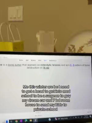 The cover image shows a computer screen displaying text about a medical topic, possibly related to osteolytic lesions. Below the screen, a text overlay states the creator's winter goals around med school and career.