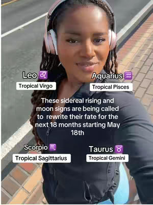 A woman with dark hair and headphones is centered in the frame, standing outside. Text overlays identify several zodiac signs such as Leo, Aquarius, Scorpio, and Taurus. The background hints at a daytime setting with a paved surface and some greenery or trees visible in the distance.