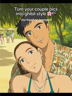 An animated couple in the style of Studio Ghibli is featured on the cover image. The image is likely of a couple; one is embracing the other. The background includes hints of beach setting, palm trees or leaves.