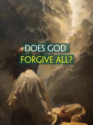 The cover image shows a dramatic, digitally painted scene. Wispy clouds fill the background with a bright, glowing light emanating from above. A figure, possibly Jesus, is draped in white cloth, kneeling with head bowed down. Overlayed on the image are two rectangular text boxes with the question "DOES GOD FORGIVE ALL?"