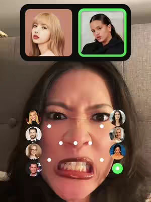 A selfie featuring a woman making a comical and exaggerated facial expression. Overlayed are two circular profile images at the top, and smaller circles with headshots on the lower half of the screen. The main face is contorted in a grimace, eyes squeezed shut, mouth open, and cheeks puffed out.