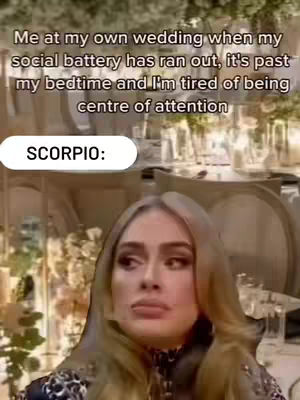 The cover image shows Adele looking bored or annoyed in a wedding setting. Text overlays indicate the meme targets Scorpios.