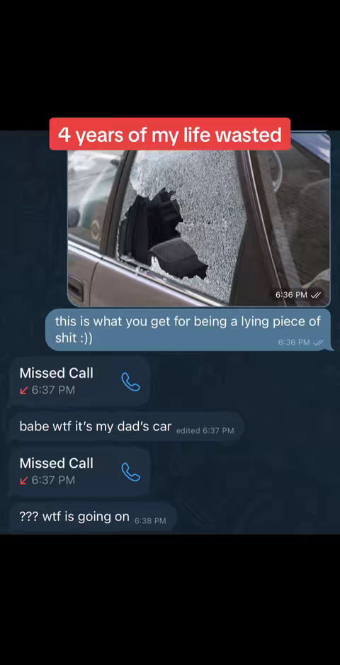 The cover image shows a car with a broken window and a text conversation overlaid. The broken window is a main feature, highlighting the damage. The text conversation shows messages, including the message "4 years of my life wasted" in a red box.