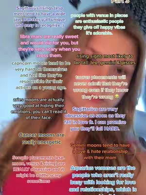 The cover image features a selfie of a person with long hair and red lipstick. Overlaid on the image are multiple text boxes with various astrological observations written in white text.