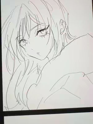 A sketch of a person with long hair, focusing on the face. The line art is simple, depicting large eyes with prominent eyeliner, a small mouth, and a gentle expression. The style is suggestive of manga or anime.