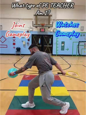 A man in athletic attire is posed in a gymnasium. The man is centered, with one leg bent forward and a ball in one hand. Text overlays frame the main subject, and various elements of a gymnasium are visible, including a basketball hoop.