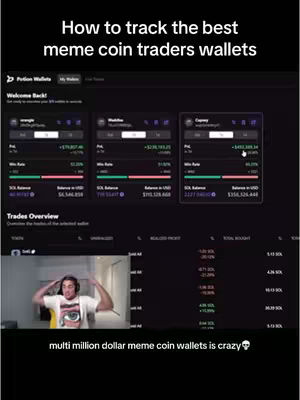 The cover image is a screenshot from a crypto trading platform. It features a screen recording of a person trading memecoins. The screen displays information about different wallets. Below is the creator, who is shown sitting and talking with his arms raised.