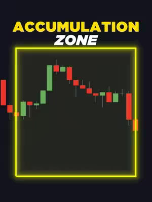 The image features a dark background with a yellow neon outline of a rectangle. Inside is a simplified candlestick chart with green and red bars. Above the chart, the text 'ACCUMULATION ZONE' is displayed in a bold yellow font.