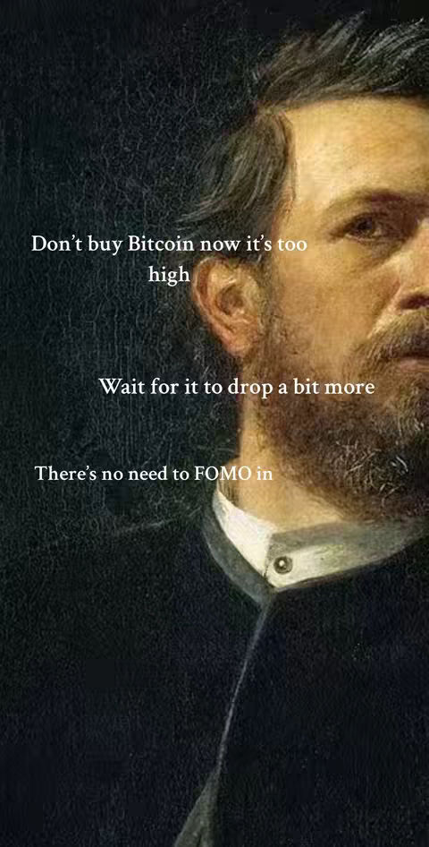 The image is a cropped section of a classical portrait, featuring a man with dark hair, a beard, and a stern expression. Overlayed on the image is white text suggesting financial advice related to Bitcoin.