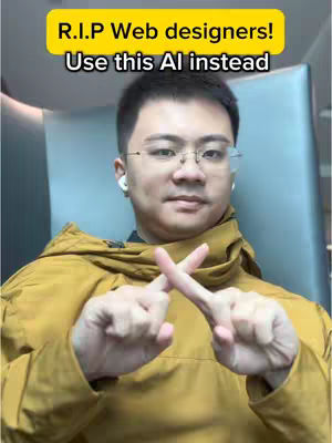 A man in a yellow jacket makes a crossed-fingers gesture, a yellow banner at the top says: R.I.P Web designers! Use this Al instead.