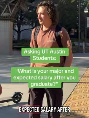 A man in a brown shirt and dark pants is standing and looking off camera. He has a backpack, and there is overlaid text in the image in front of him in green rectangles.