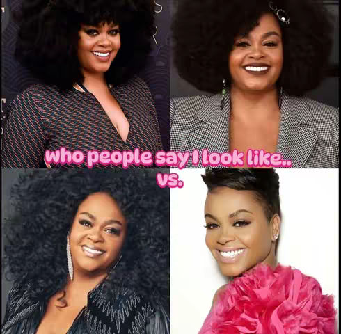 A collage of four photos of a woman, presented in a square layout. Each photo shows a side-by-side comparison of the creator with another person with the overlaying text "who people say I look like.. vs.", suggesting a visual comparison.