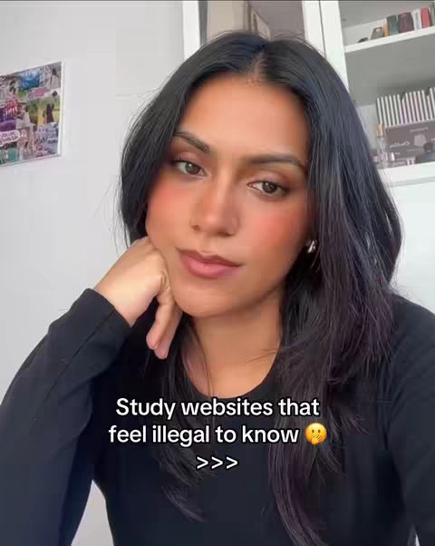 A woman with long dark hair and fair skin is looking at the camera with a slight smile, resting her chin on her hand. Text overlayed displays a hook regarding study websites.