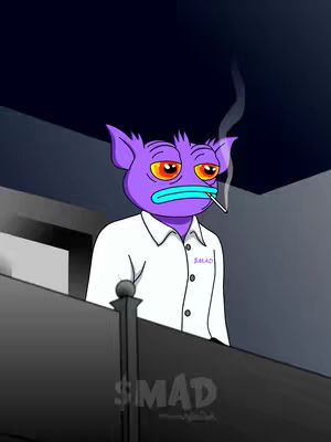 An animated image features a purple creature with large orange eyes and a cyan mouth, reminiscent of a cartoon character. It wears a white shirt with a collar and has a cigarette in its mouth, with smoke trailing upwards. The setting appears to be a dimly lit indoor space, with the creature positioned behind a dark surface. The overall composition uses a limited color palette, with the creature's features and the dark backdrop creating a sense of weariness or satire.