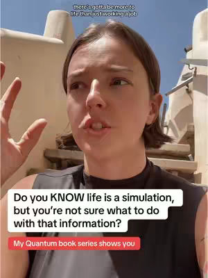 A woman with brown hair and a black top poses outdoors, with text overlays about life's meaning and her "Quantum" book series. The background is a neutral-toned building with stairs, the lighting appears bright and sunny.