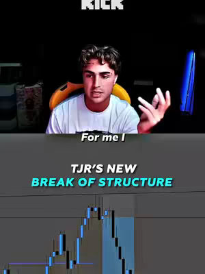 The cover image for the video is split into two sections. The upper section shows a young man in a white t-shirt looking at the camera, speaking while gesturing with his right hand. He is seated in front of a dark background with a computer screen and some objects visible. The bottom section shows a gray background with white text over it and a portion of a stock trading chart. The text indicates the video is about "TJR's New Break of Structure".