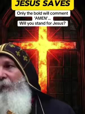 The cover image features an older man with a white beard and a black and gold head covering looking towards the left. A yellow banner above the man has the words "JESUS SAVES". Below this banner is another containing text overlay, asking viewers to comment AMEN if they want to show bold faith. Behind the man, a large glowing cross is visible, and the image gives off a warm, reverent feeling. The background looks like a church.