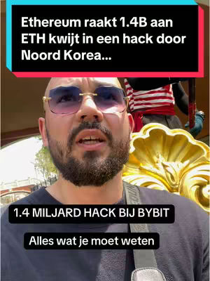 The cover image features a man in sunglasses looking toward the camera. Above him are two text elements, one reporting on an Ethereum hack and the other informing on the video topic, while below the creator, further text provides details. The backdrop shows outdoor scenery and a golden statue.