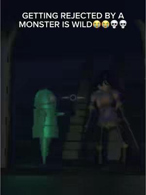 A dark image from a game. A green, robotic-looking figure faces the viewer slightly left of center. A figure in armor and a white cape stands to the right, facing forward. Text overlayed at the top reads, “GETTING REJECTED BY A MONSTER IS WILD”