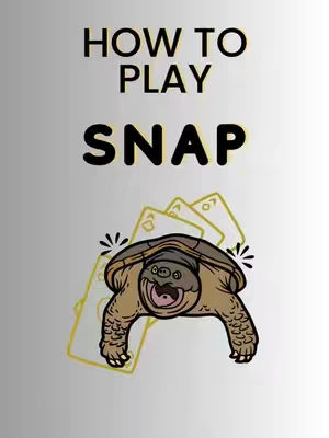 A cartoon-style cover image with a gradient background that transitions from white at the top to light gray at the bottom. The text "HOW TO PLAY SNAP" is displayed in bold, black letters. Below the text is a cartoon turtle with an open mouth and playing cards scattered around.