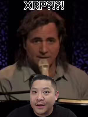 The image is a split screen with two faces superimposed. At the top, a man with long, wavy brown hair is holding a microphone, likely speaking. The overlayed text "XRP?!?!". Below, a younger man with short black hair stares directly at the viewer.
