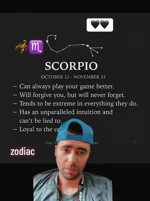 A man with light skin sporting a blue baseball cap poses in front of a screen showing characteristics for the zodiac sign, 'Scorpio.' The background is primarily black with sections of text and zodiac-related symbols overlaid in white, purple, and gold. The man is looking towards the camera with a serious expression.