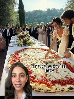 A split-screen image featuring a woman in the foreground looking at the camera, with a large pizza being cut at a wedding reception in the background.