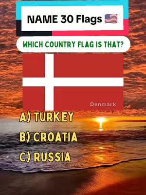 The cover image shows a quiz about flags, with a flag of Denmark and a question about identifying it. The background is a sunset over the ocean.
