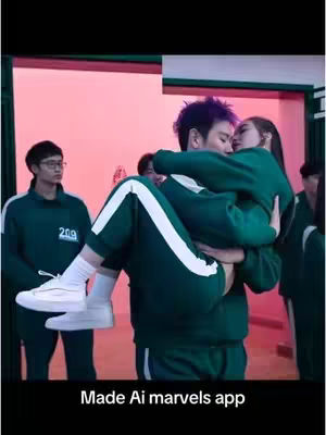A cover image showing a man holding a woman in his arms. They are dressed in green athletic wear. An additional person wears similar clothing and stands in the background, and the background has a red-pink hue. Text at the bottom says, 'Made Ai marvels app'.