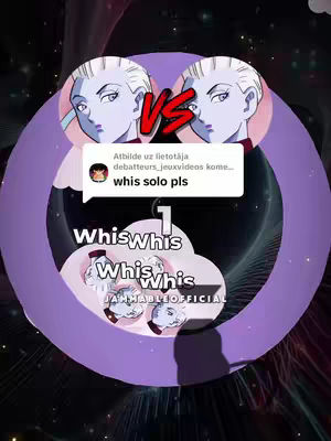 The cover image presents a stylized design with a purple, circular background. Two cartoon images of a character with pale skin and blue hair are featured on the top, arranged in a mirrored fashion to create a 'Vs' theme. Underneath, a comment bubble states 'whis solo pls'. Various circular elements, including those with text like 'WhisWhis', and the logo 'JammableOfficial', are layered within the design. The overall layout is symmetrical, employing a limited color palette and a digital art style.