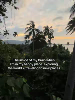 A serene landscape featuring lush green foliage in the foreground, transitioning to a view of palm trees silhouetted against a cloudy sky. In the background, a body of water is visible under a gradient of colors, suggesting a sunset.