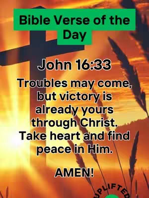 The cover image shows a golden sunset with a black cross silhouette. The text overlay provides a Bible verse with a call to find peace in Christ.