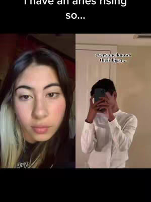 The image is split in half, with a smiling woman with split dyed blonde and black hair on the left and a man on the right covering the bottom half of his face with a phone. Text at the top indicates zodiac signs.