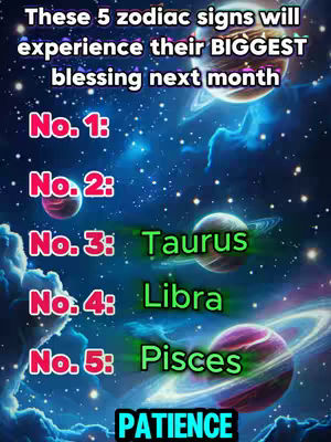 An astrological-themed graphic with a cosmic background featuring planets, stars, and nebulas. The text overlay highlights a list of five zodiac signs. Numbered list along the left with corresponding zodiac signs. Ending with the word 'PATIENCE' in the bottom.