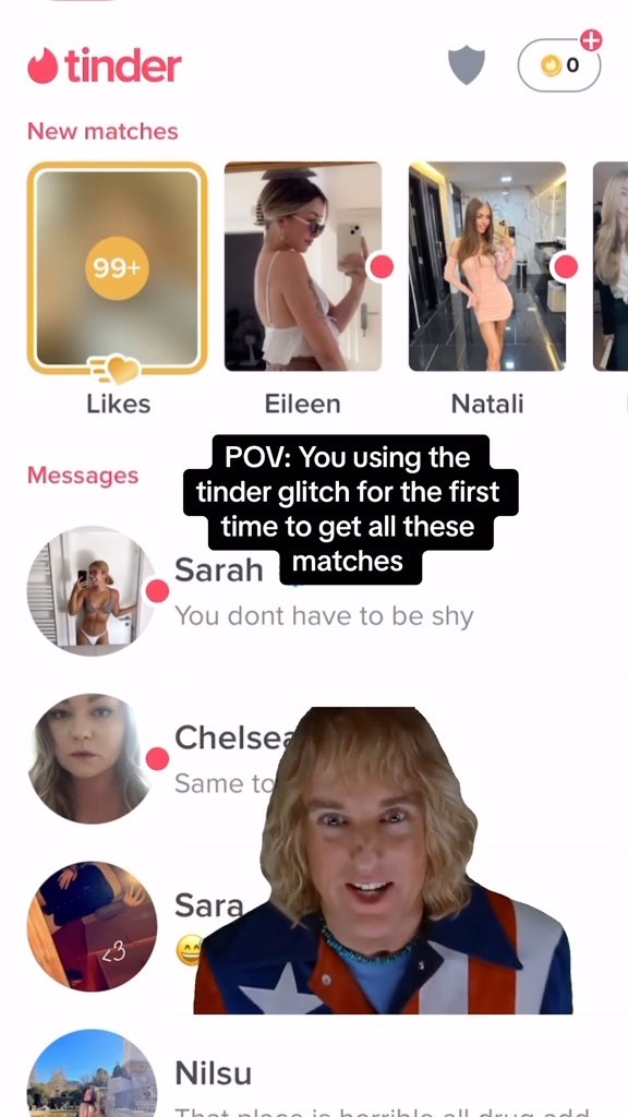 The cover image shows a Tinder interface on a phone screen. A large number '99+' in a yellow circle is displayed with the word 'Likes' underneath. Below are profiles of potential matches, with the main focus on the 'messages' section with messages from 'Sarah' and 'Chelsea'. The creator, a man, is overlaid on this Tinder interface.