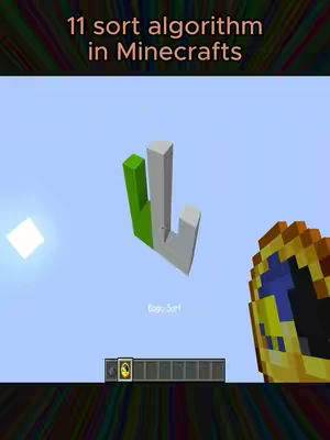 The cover image shows a Minecraft-style visualization of sorting algorithms. Three vertical rectangular structures are the visualization's primary elements, with one highlighted in green. Text at the top indicates the video's topic, and the Minecraft interface elements are visible below.