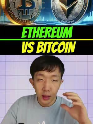 The cover image is divided into three sections. The top section displays the Bitcoin and Ethereum logos side-by-side. The middle section has the text "ETHEREUM VS BITCOIN" in large, bold, yellow and green letters against a black background. The bottom section shows an Asian man looking directly at the viewer, likely the creator of the video. He's positioned against a light, grid-patterned background, suggesting a studio environment.