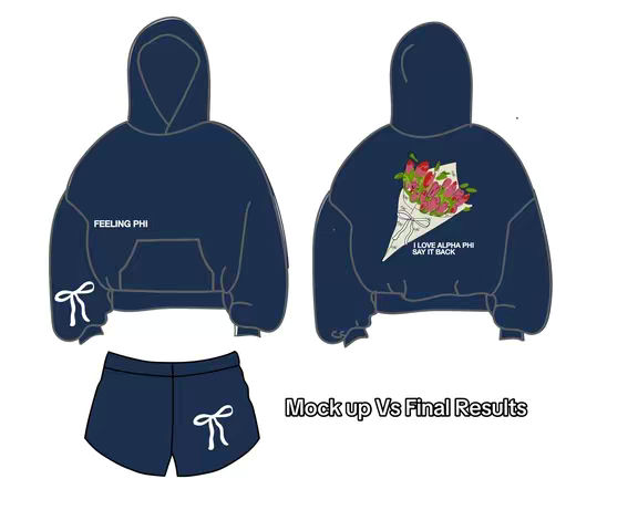 The image displays a mock-up of navy blue hoodies and shorts, showcasing designs related to Alpha Phi. The outfits feature white accents like bows and text. The design includes a front and back view of a hoodie and a pair of shorts. The hoodie displays the text 'Feeling Phi' and a bouquet of flowers, along with 'I LOVE ALPHA PHI SAY IT BACK'. The mock-up is set against a white background, with the phrase 'Mock up Vs Final Results' at the bottom.
