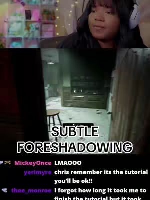 The cover image is a split-screen. The top half shows the creator's face, looking to the right. The bottom half displays a scene from a video game, with text overlayed. The game scene shows an interior space with a stool and a doorway to the right. The text reads 'SUBTLE FORESHADOWING'.