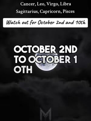 A stylized image with a dark, night-sky background featuring a full moon in the center. Above it, text lists zodiac signs, and a white banner highlights a specific date range using bold, white text.