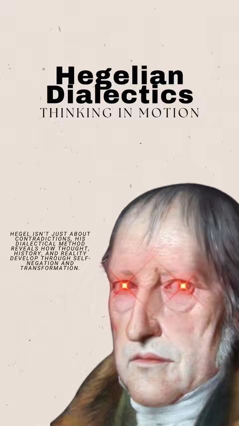 The cover image features a portrait of an older man with a stern expression and red glowing eyes. Above the portrait, the text "Hegelian Dialectics" is displayed in bold, with "THINKING IN MOTION" below. The background is a simple, light beige with minor speckles, giving the image a slightly aged appearance.