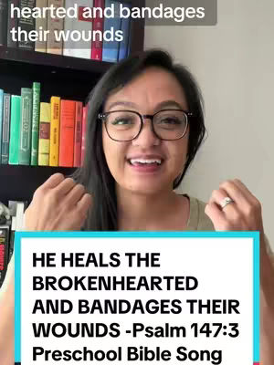 A woman with glasses smiles at the camera, a partially visible bookshelf in the background behind her. Below her, there's a light blue rectangle containing white text in a bold font, including a Bible verse reference.