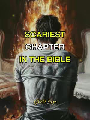 The cover image shows a man from the back, facing away from the viewer. He is in front of a bright, fiery background, possibly a depiction of hell or fire. Text overlays read "SCARIEST CHAPTER IN THE BIBLE" in yellow, with a matching "GOD says" at the bottom