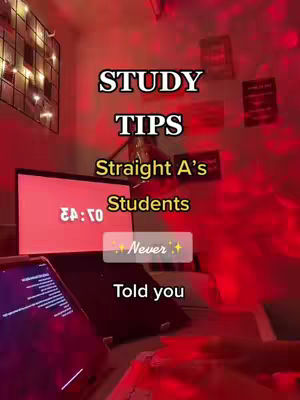 The image features a dimly lit room with a focus on a laptop and a tablet. A laptop displays a pink screen. Text overlayed on the image announces 'STUDY TIPS' and 'Straight A's Students'. The background shows a wall decorated with fairy lights and posters.