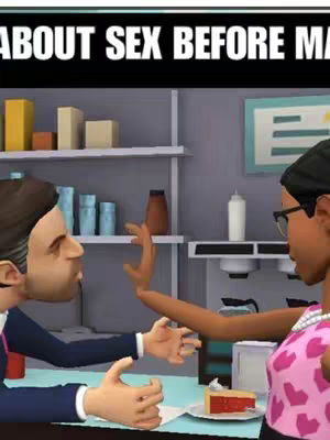 A cartoon scene with two characters interacting in a stylized setting that appears to be a cafe or restaurant. One character, wearing a suit, is gesturing with their hand, while the other, characterized by a woman in a pink top appears to be resisting, in the background there are shelves, bottles and a piece of cake on a plate in front of them. The text overlayed above the image, in a white, bold font, says something about 'SEX BEFORE MAR'