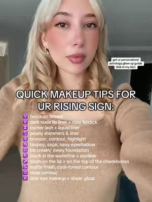 A woman with blonde hair and makeup is centered in the frame, looking towards the viewer. The image has text overlays listing makeup tips and has a neutral color palette.
