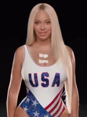 A woman with blonde hair in a USA-themed swimsuit poses against a black background. The text 'Virgo Icons' is overlaid on the image.