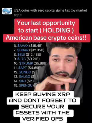 The cover image is a selfie-style shot of a man with short, styled hair and a goatee. He's looking at the camera with a serious expression, and his index finger is touching his lips. The background appears to be a black gradient. There are several text overlays. The top one says, USA coins with zero capital gains tax (by market cap):. Beneath is a red rectangle with the words: Your last opportunity to start ( HOLDING ) American base crypto coins!! Below that are several lines of text with numbers and crypto symbols. At the bottom: KEEP BUYING XRP AND DONT FORGET TO SECURE YOUR ASSETS WITH THE VERIFIED QFS